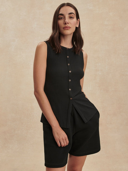 Latia Button Through Tank Top Black - Varley