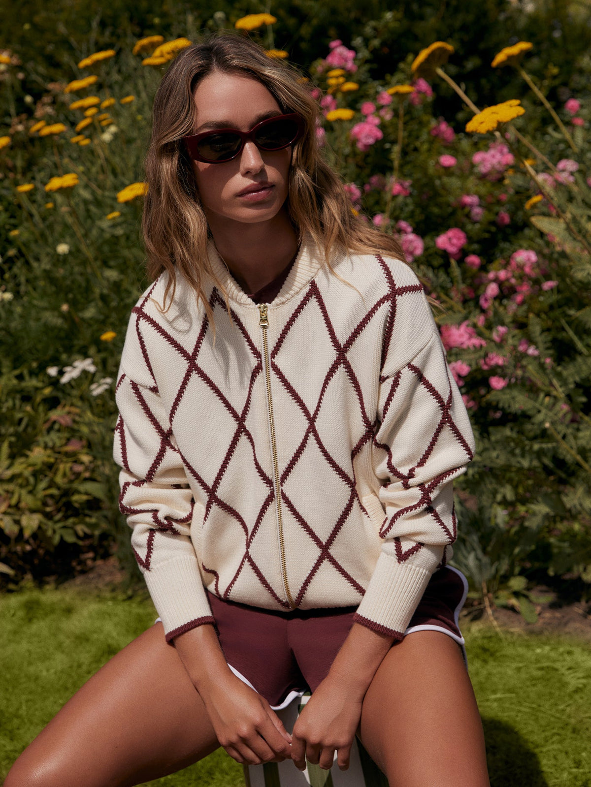 Nile Diamond Knit Jacket Ivory/ Port - Varley