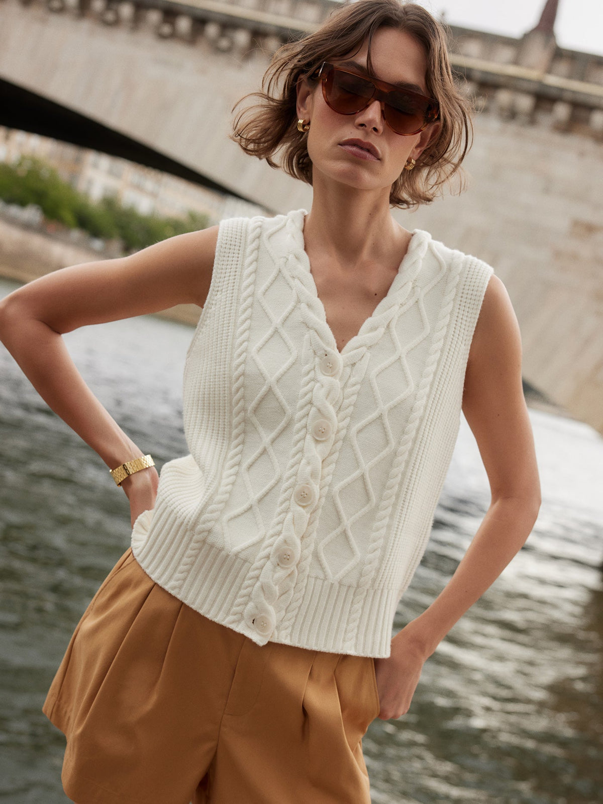 Tatyana Cable Knit Vest Egret - Varley