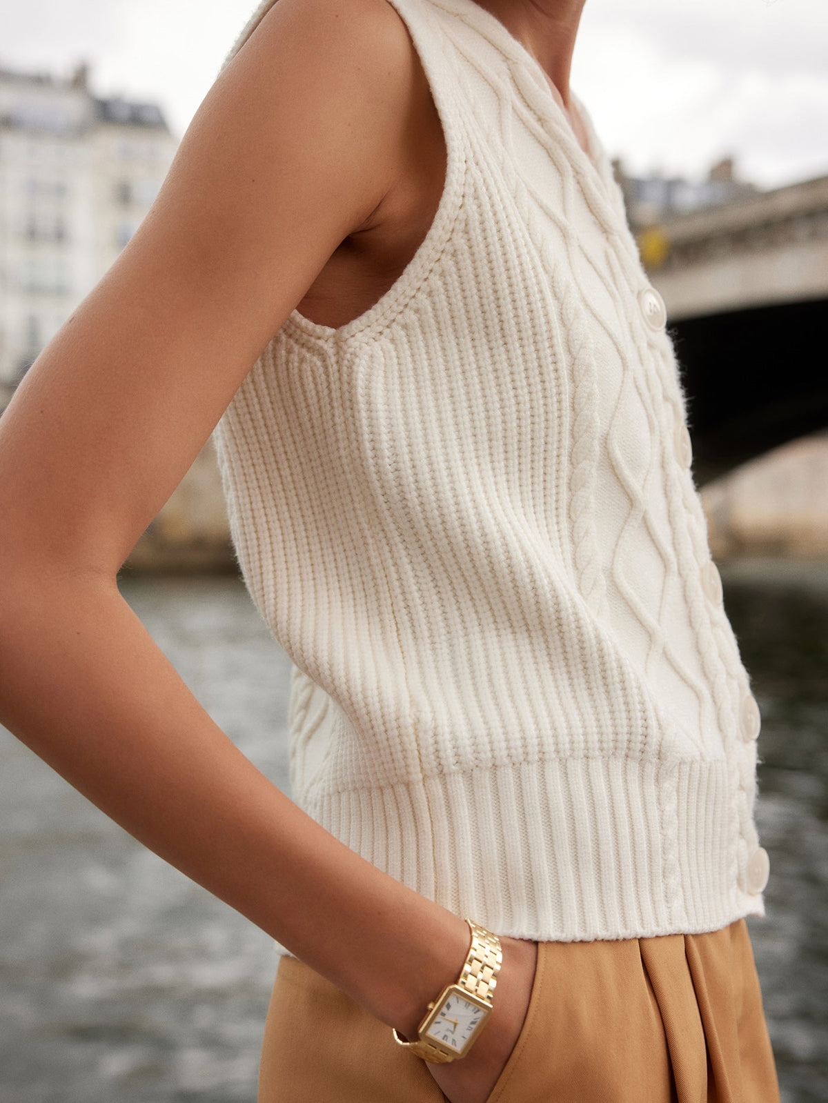 Tatyana Cable Knit Vest Egret - Varley