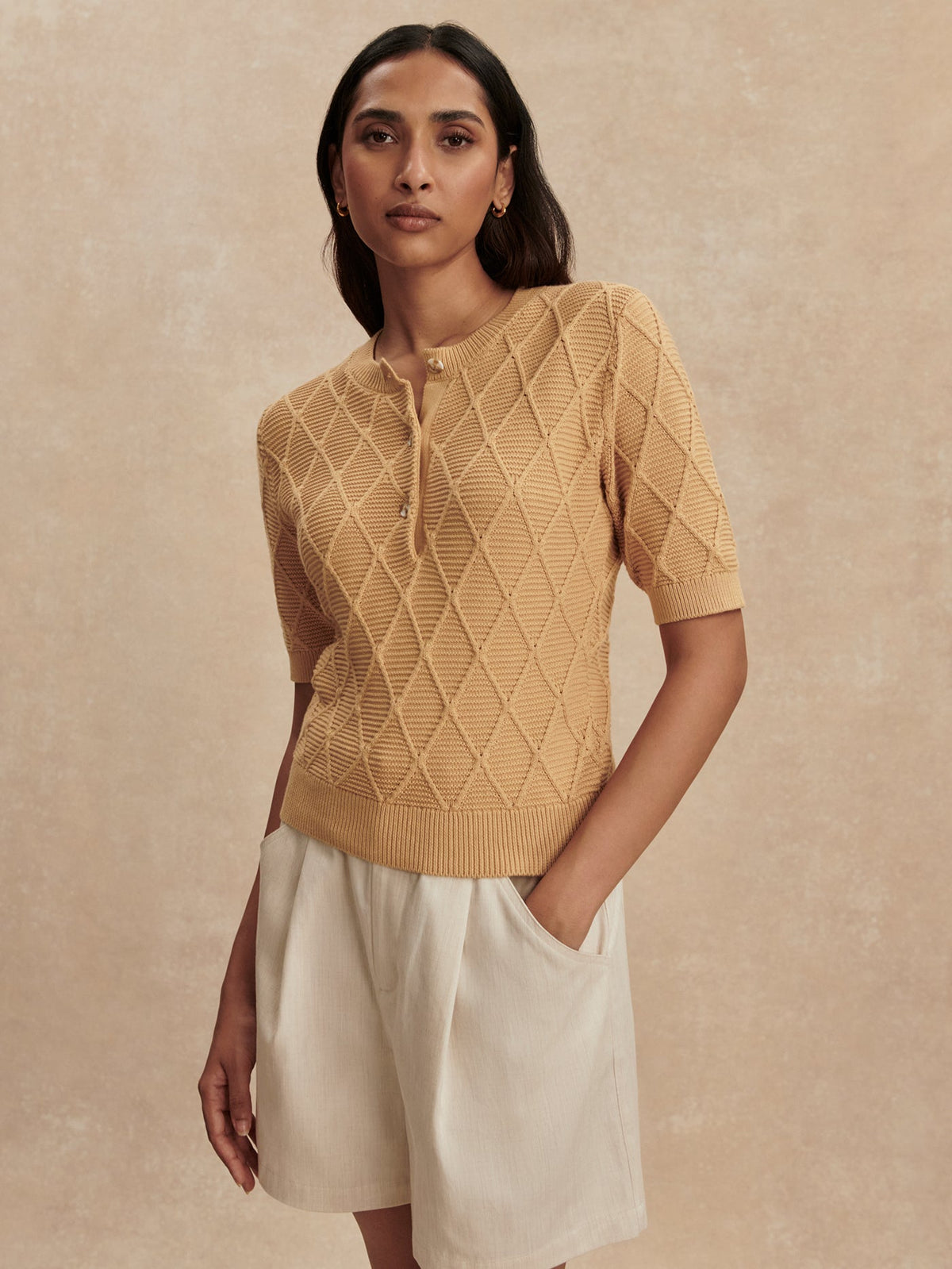 Merryn Diamond Knit Top New Wheat - Varley