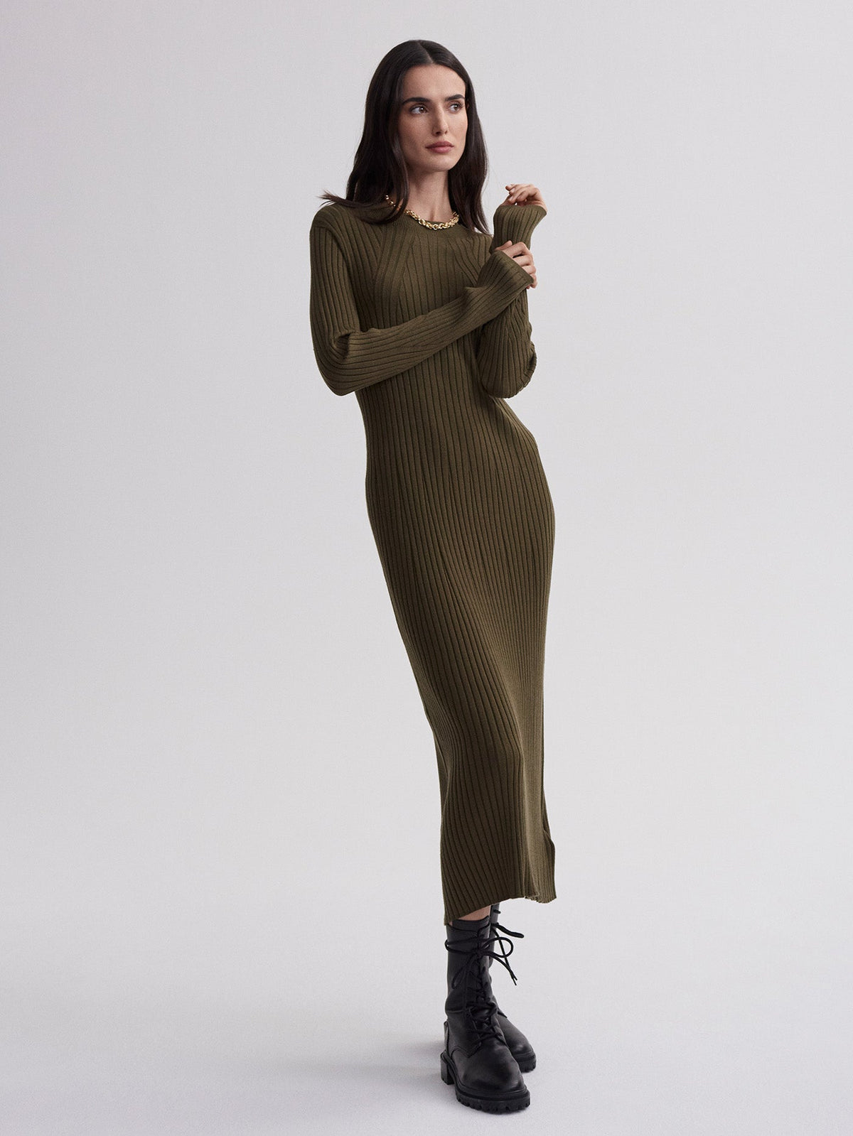 Axel Rib Knit Midi Dress Olive Night - Varley