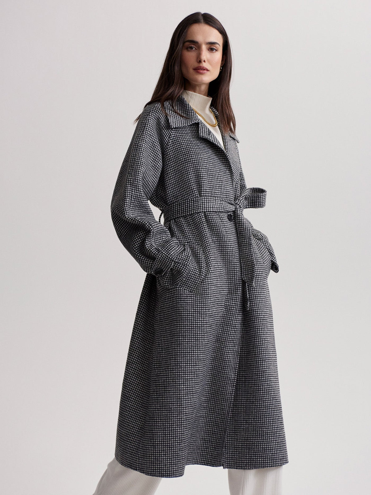 Fairbourn Belted Long Coat Black/ Egret Micropuppy Tooth - Varley