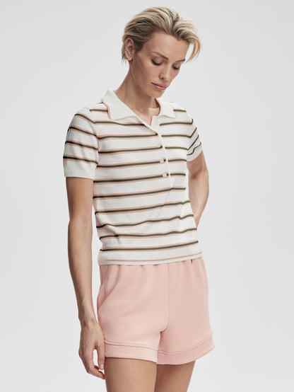 Faustine Button Neck Polo White Pink Ivy Stripe - Varley