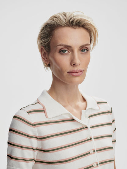 Faustine Button Neck Polo White Pink Ivy Stripe - Varley