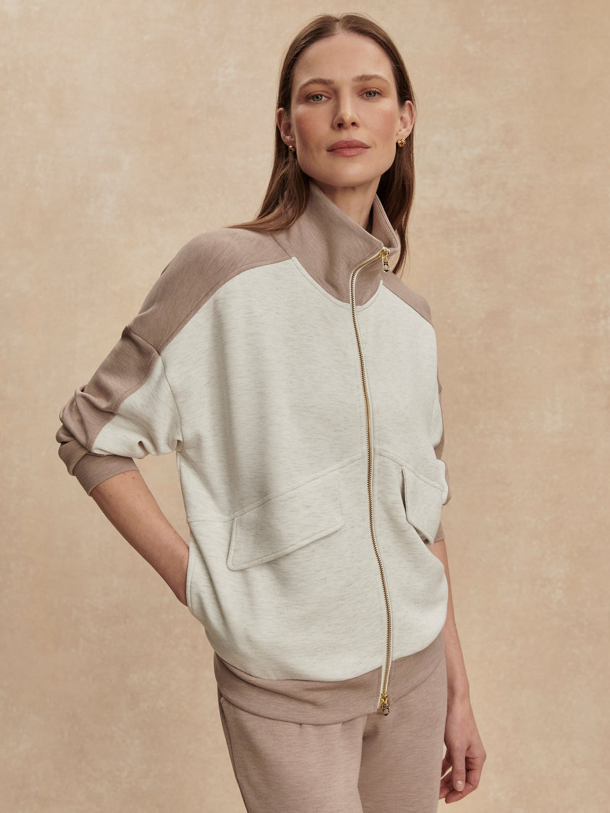 Garcia 2 Tone Zip Through Sweat Ivory Marl/ Taupe Marl - Varley