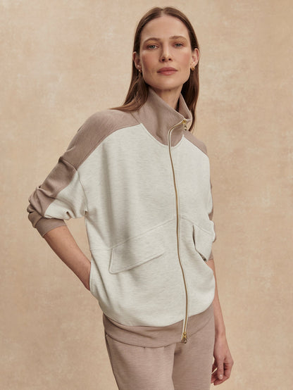 Garcia 2 Tone Zip Through Sweat Ivory Marl/ Taupe Marl - Varley