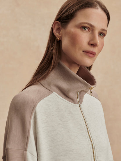 Garcia 2 Tone Zip Through Sweat Ivory Marl/ Taupe Marl - Varley