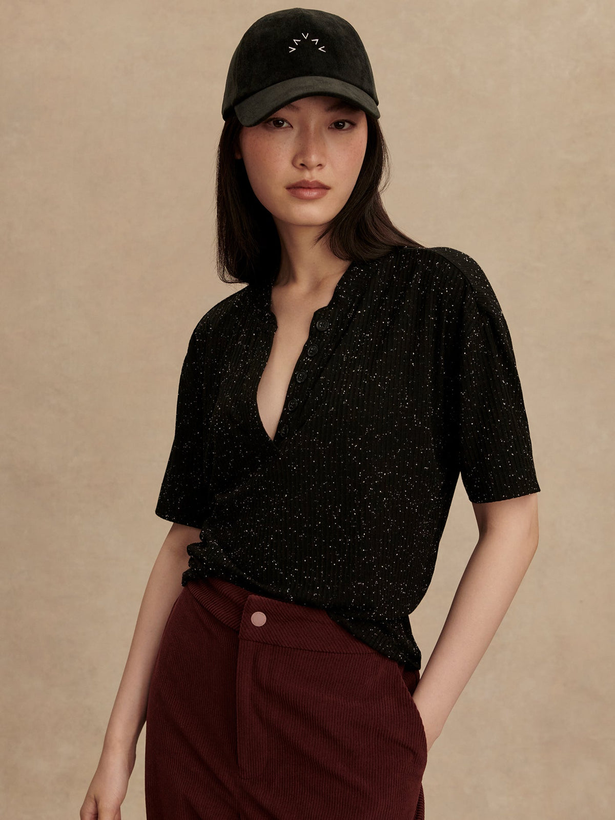 Odette Mock Placket Tee Black/ Egret - Varley