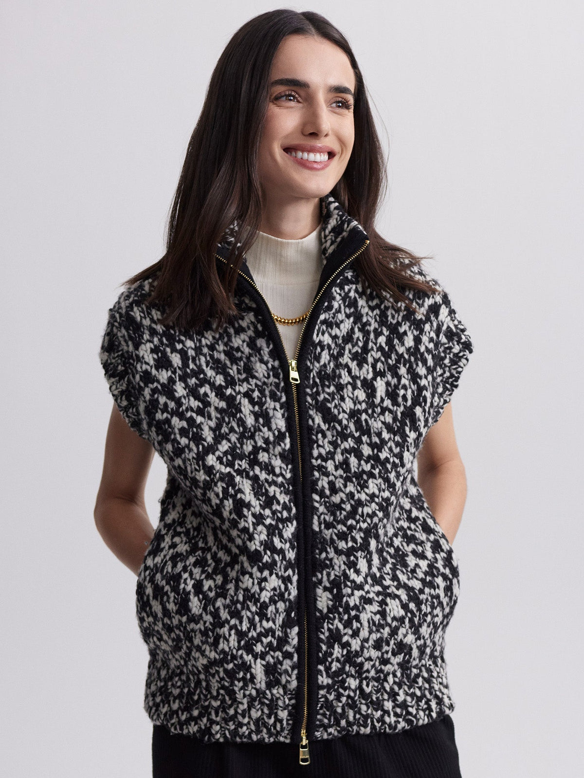 Sandy Zip Through Knit Gilet Snow White Black Fleck - Varley