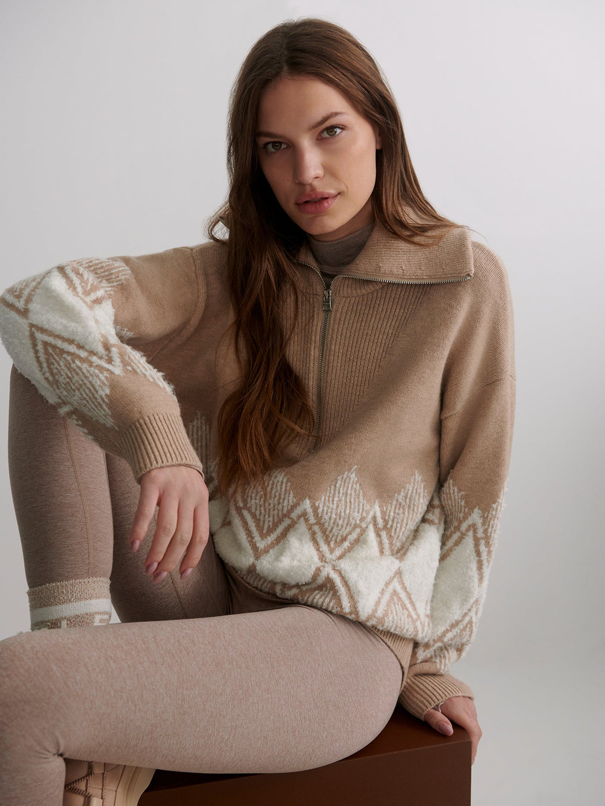 Betty Jacquard Half Zip Knit Light Taupe - Varley