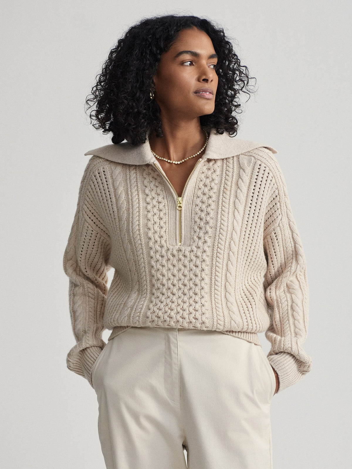 Camello Relaxed Cable Half Zip Parchment - Varley