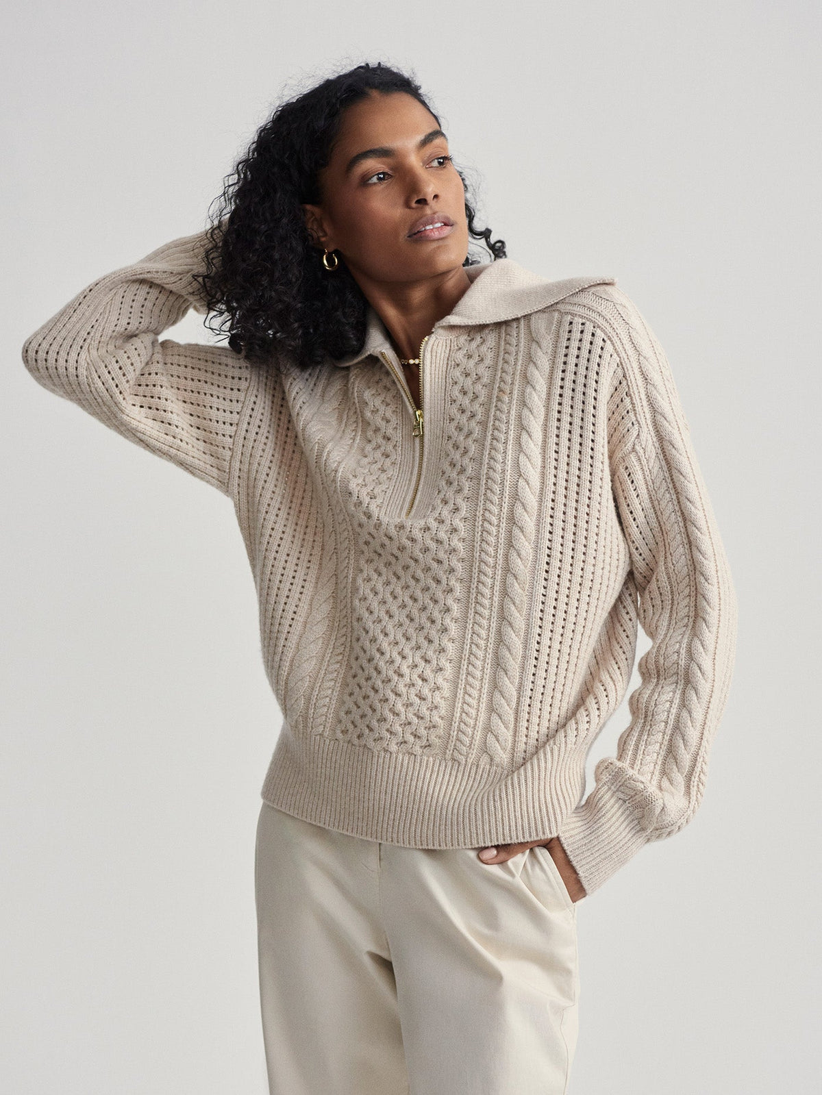 Camello Relaxed Cable Half Zip Parchment - Varley